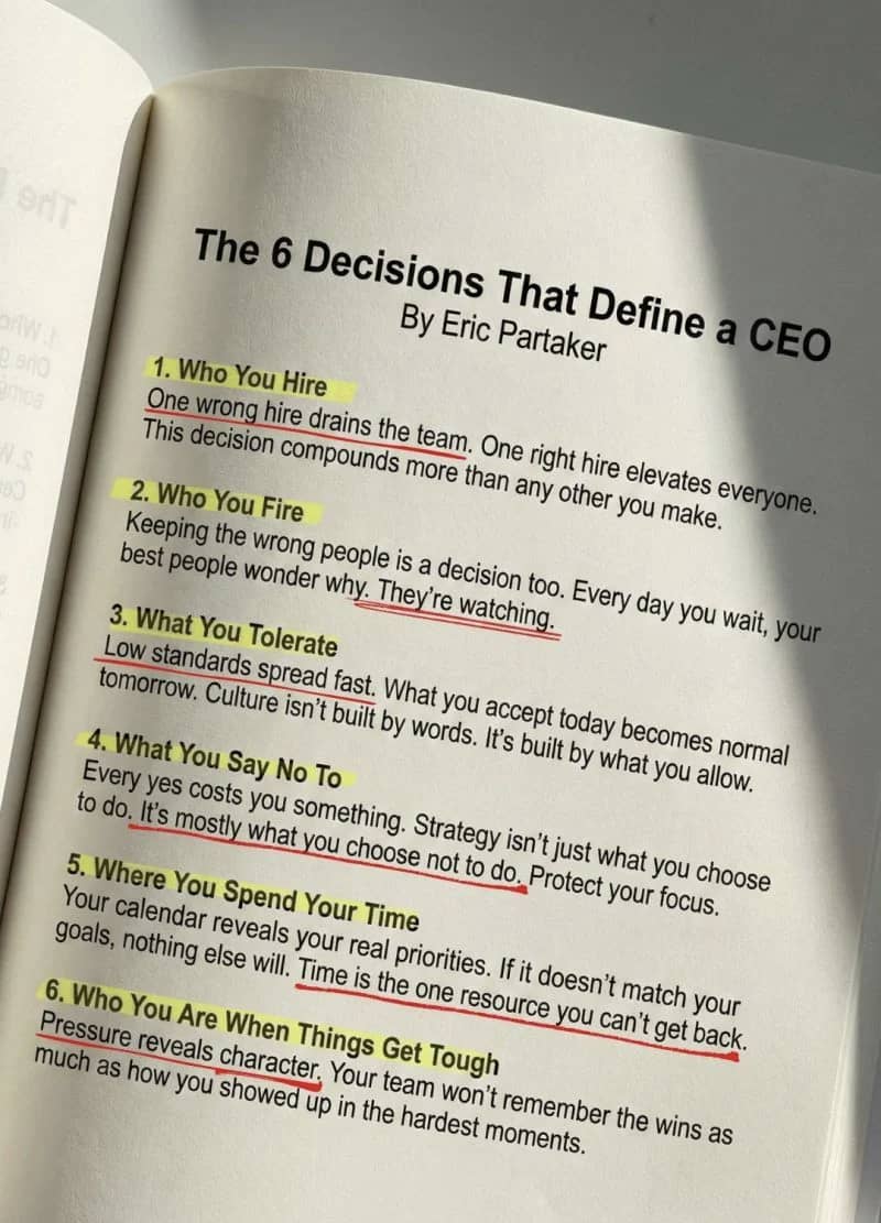 image of page of a book with the title "The 6 decisions that define a CEO" by Eric Partaker